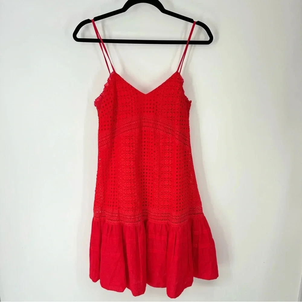 J. Crew Cherry Red Cotton Eyelet Pleated Hem Old Money Dress